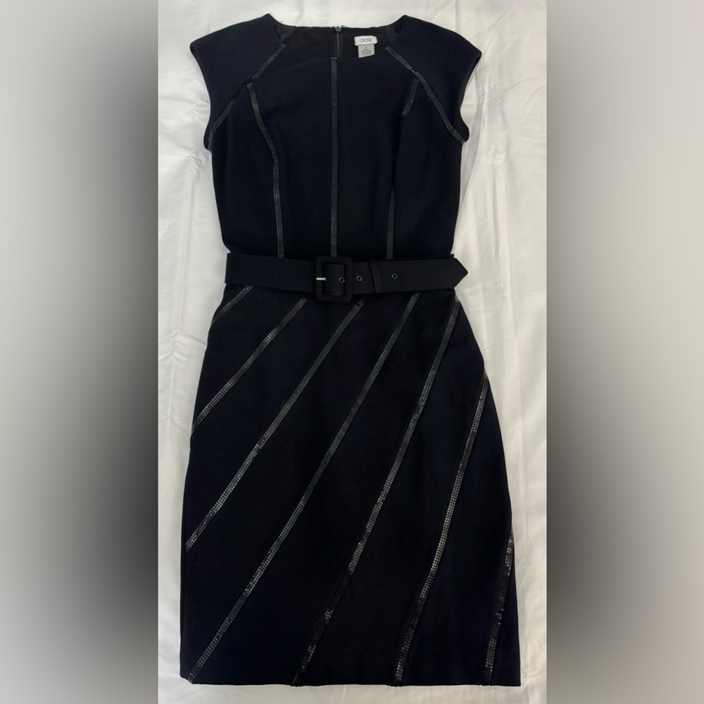 Cache dress black metal sequin detail belted cocktail LBD 4